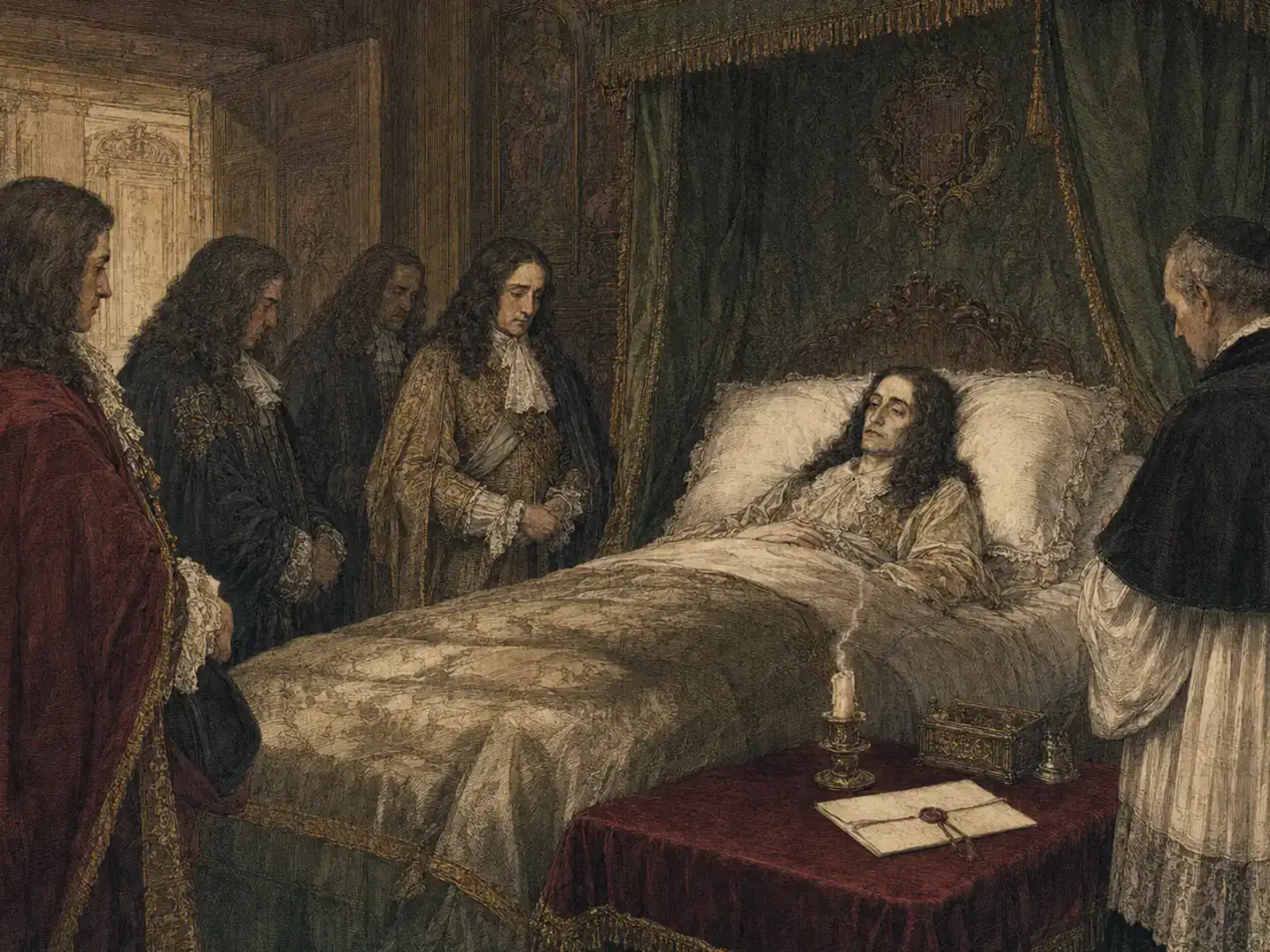 Ilustración histórica: Rey Carlos II en su lecho de muerte.